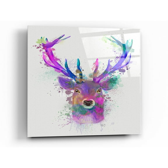 Epic Art 'Deer Head 1 Rainbow Splash Pink and Purple' by Fab Funky Acrylic Glass Wall Art, 12"x12"