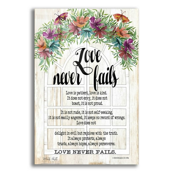 Epic Art 'Floral Love Never Fails' by Cindy Jacobs, Acrylic Glass Wall Art, 12"x16"
