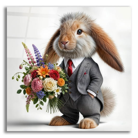 Epic Art 'Formal Bunny With Flowers' by Rey Klimt Acrylic Glass Wall Art, 12" x 12"