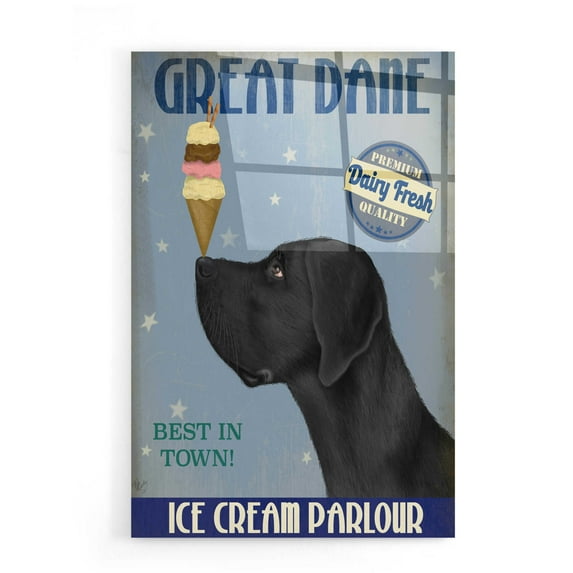 Epic Art 'Great Dane, Black, Ice Cream' by Fab Funky, Acrylic Glass Wall Art, 16"x24"
