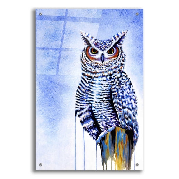 Epic Art 'Great Horned Owl In Blue' by Michelle Faber, Acrylic Glass Wall Art, 24"x36"