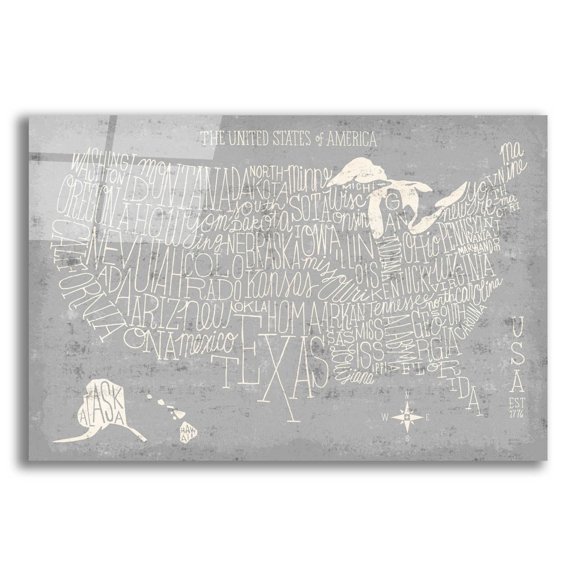 Epic Art 'Hand Lettered USA Map Gray' by Michael Mullan, Acrylic Glass Wall Art, 16"x12"
