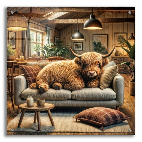 Epic Art 'Highland Cow -Chilling At Home' by Rey Klimt Acrylic Glass Wall Art, 24" x 24"