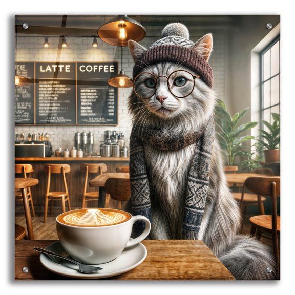Epic Art 'Hipster Cat In Coffee Shop' by Rey Klimt Acrylic Glass Wall Art, 24" x 24"