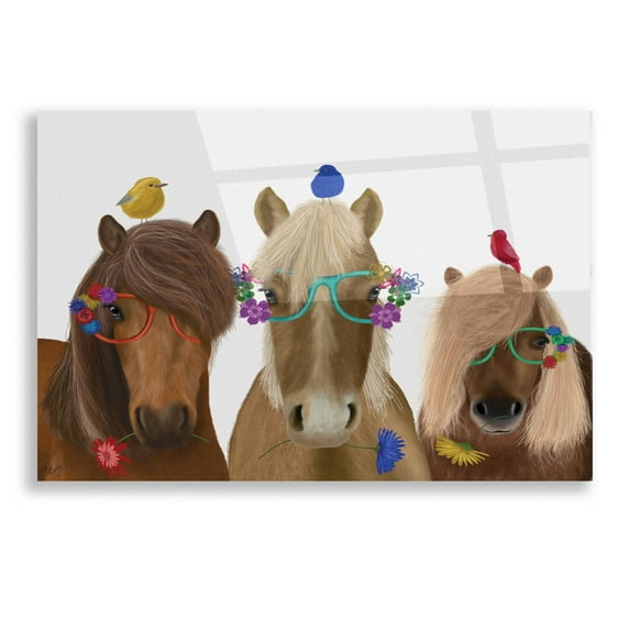 Epic Art 'Horse Trio with Flower Glasses' by Fab Funky, Acrylic Glass Wall Art, 16"x12"