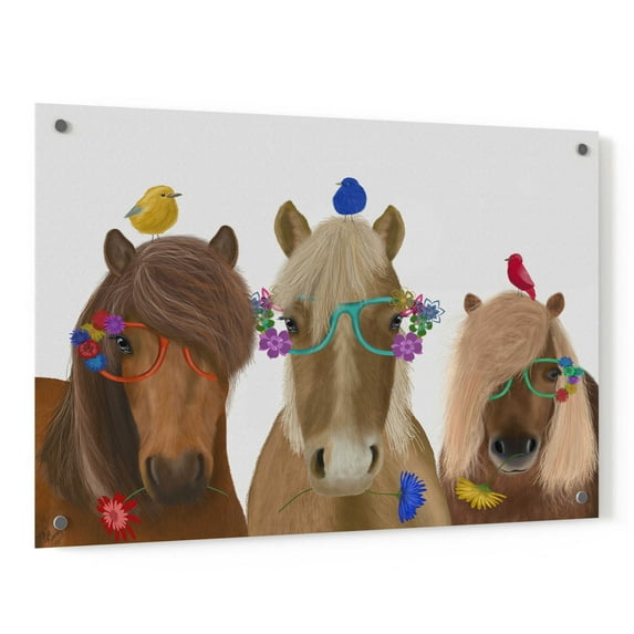 Epic Art 'Horse Trio with Flower Glasses' by Fab Funky, Acrylic Glass Wall Art, 36"x24"