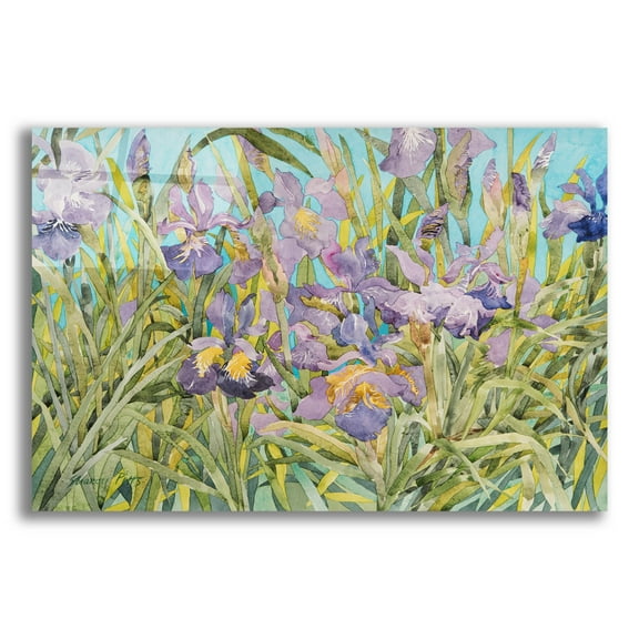 Epic Art 'Japanese Irises 3' by Sharon Pitts, Acrylic Glass Wall Art, 16"x12"