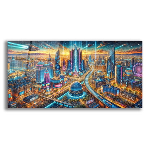 Epic Art 'Las Vegas - Futuristic Painting' by Rey Klimt Acrylic Glass Wall Art, 48" x 24"