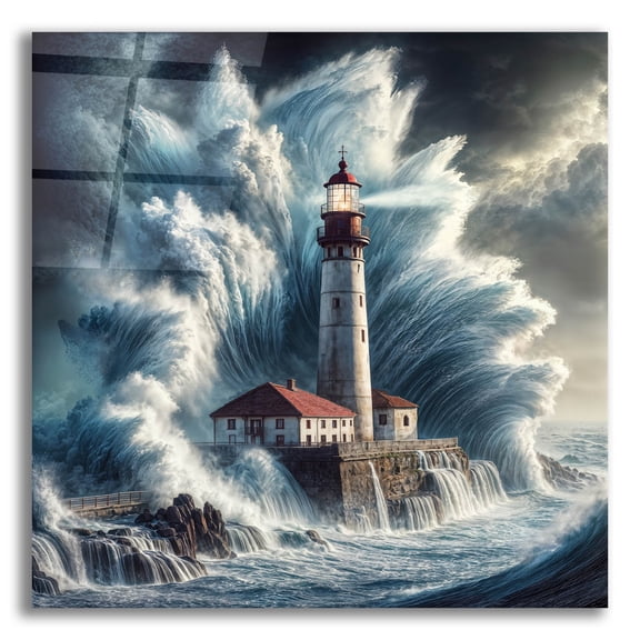 Epic Art 'Lighthouse In Storm' by Rey Klimt Acrylic Glass Wall Art, 12" x 12"