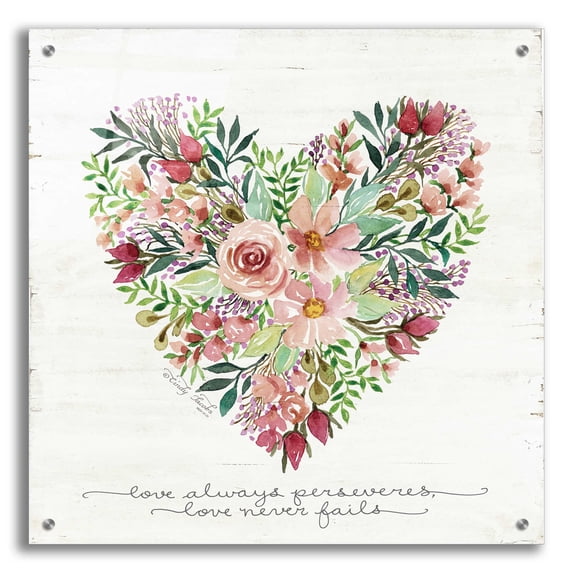 Epic Art 'Love Never Fails Flower Heart' by Cindy Jacobs, Acrylic Glass Wall Art, 24"x24"