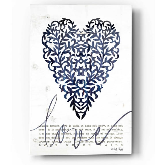 Epic Art 'Love Never Fails in Navy' by Cindy Jacobs, Acrylic Glass Wall Art, 12"x16"