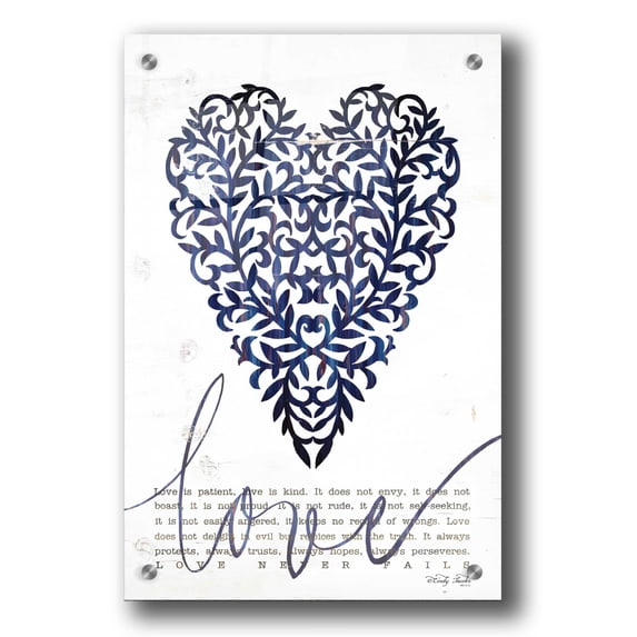 Epic Art 'Love Never Fails in Navy' by Cindy Jacobs, Acrylic Glass Wall Art, 24"x36"