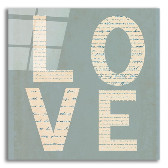 Epic Art 'Love Script on Blue' by Tom Quartermaine, Acrylic Glass Wall Art, 12"x12"