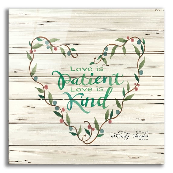 Epic Art 'Love is Patient Heart Wreath' by Cindy Jacobs, Acrylic Glass Wall Art, 12"x12"