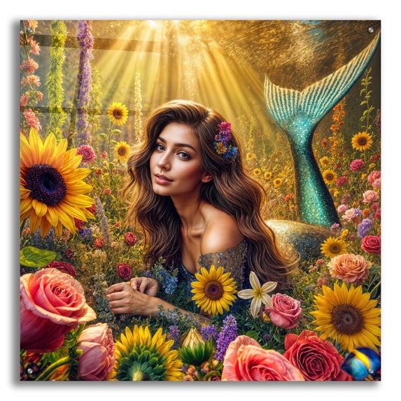 Epic Art 'Mermaid In Flowers' by Rey Klimt Acrylic Glass Wall Art, 36" x 36"