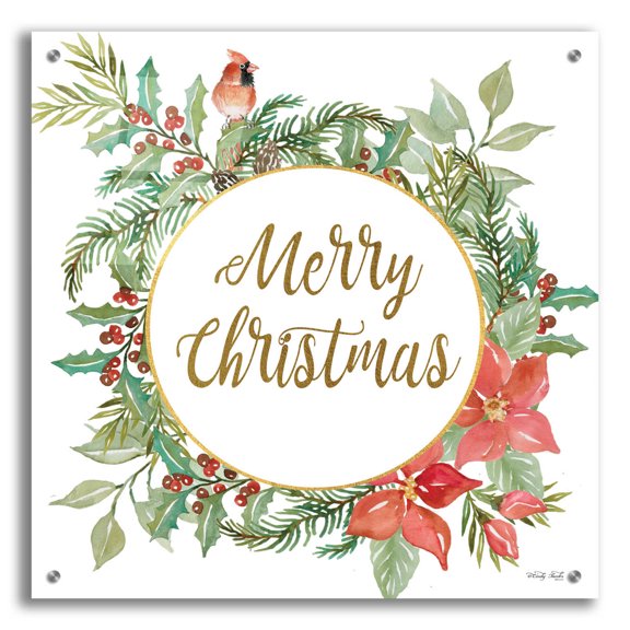 Epic Art 'Merry Christmas Cardinal Wreath' by Cindy Jacobs, Acrylic Glass Wall Art, 24"x24"