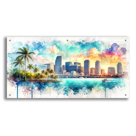Epic Art 'Miami Downtown Watercolor' by Rey Klimt Acrylic Glass Wall Art, 48" x 24"