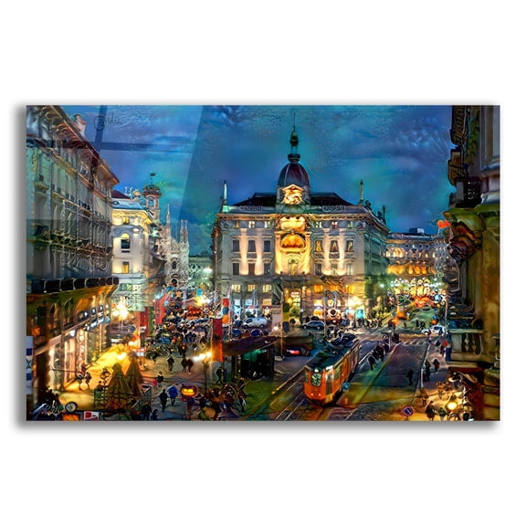 Epic Art 'Milan Italy Piazza Cardusio Night' by Pedro Gavidia, Acrylic Glass Wall Art, 24"x16"