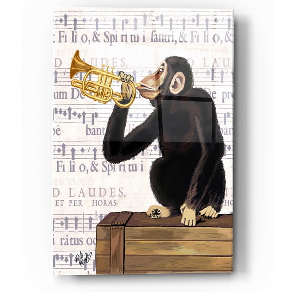 Epic Art 'Monkey Playing Trumpet' by Fab Funky, Acrylic Glass Wall Art, 12"x16"