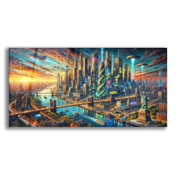 Epic Art 'New York City -Futuristic Painting' by Rey Klimt Acrylic Glass Wall Art, 24" x 12"