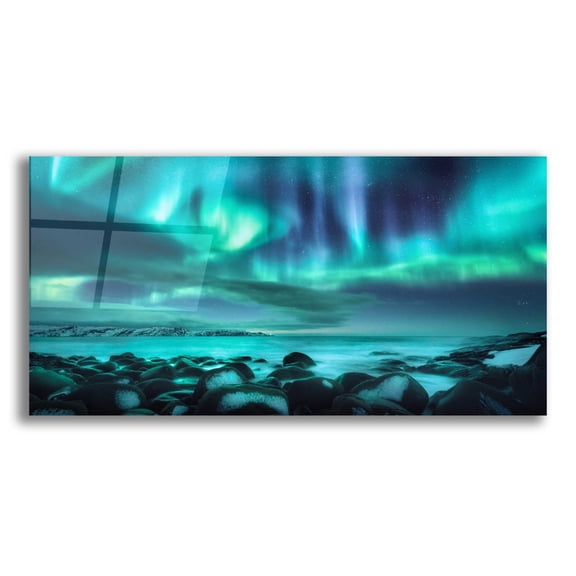Epic Art 'Northern Lights Aurora Borealis Over Ocean' by Epic Portfolio, Acrylic Glass Wall Art, 24"x12"