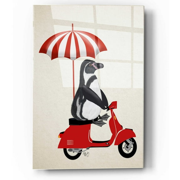 Epic Art 'Penguin On Red Moped' by Fab Funky, Acrylic Glass Wall Art, 12"x16"