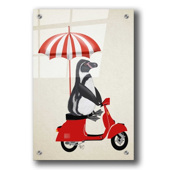 Epic Art 'Penguin On Red Moped' by Fab Funky, Acrylic Glass Wall Art, 24"x36"