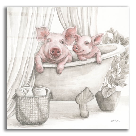 Epic Art 'Pigs In A Tub Color' by Leslie Trimbach Acrylic Glass Wall Art, 12" x 12"