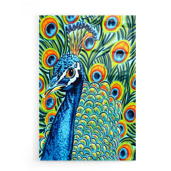 Epic Art 'Plumed Peacock I' by Carolee Vitaletti, Acrylic Glass Wall Art, 16"x24"