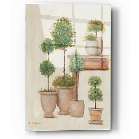 Epic Art 'Potting Bench & Topiaries I' by Pam Britton, Acrylic Glass Wall Art, 12"x16"