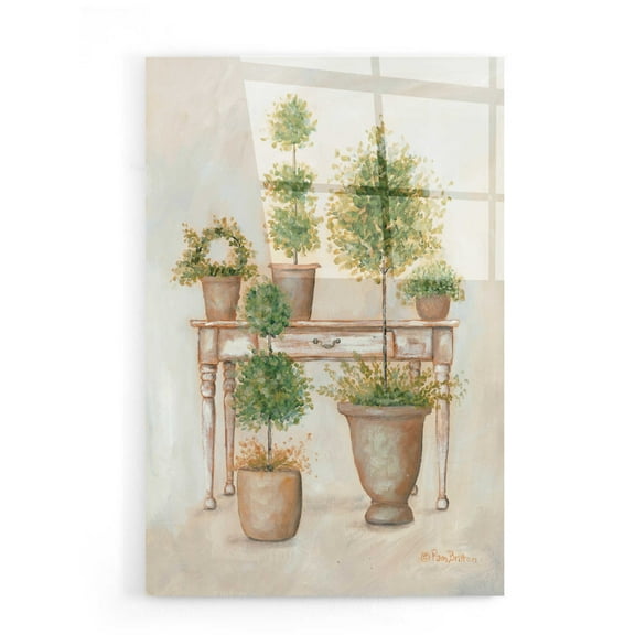 Epic Art 'Potting Bench & Topiaries II' by Pam Britton, Acrylic Glass Wall Art, 16"x24"