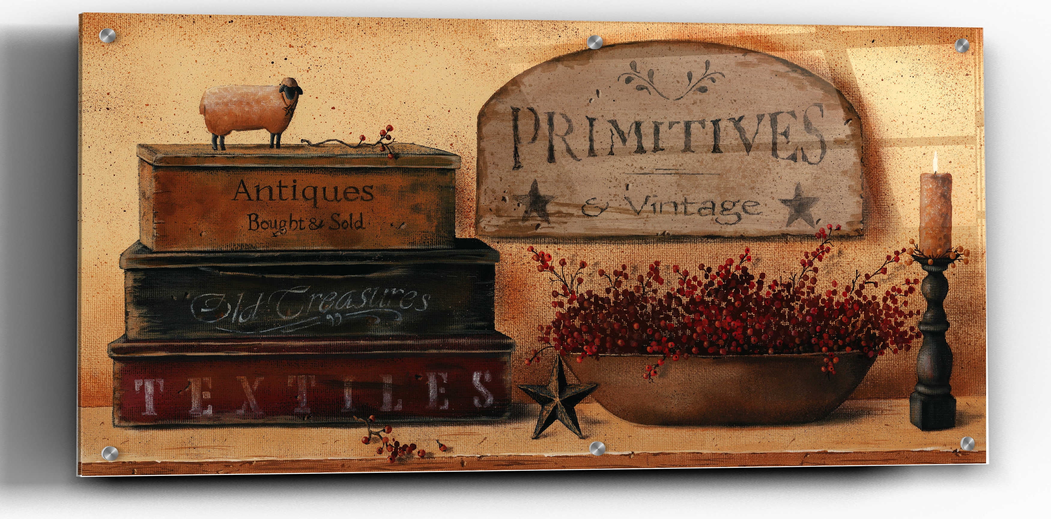 Vintage Primitives Acrylic Wall Art with Sheep, 24" x 12"