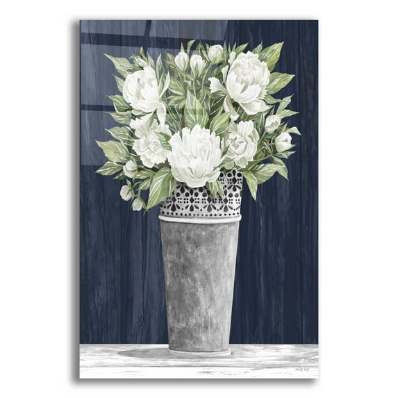 Epic Art 'Punched Tin White Floral' by Cindy Jacobs, Acrylic Glass Wall Art, 12"x16"