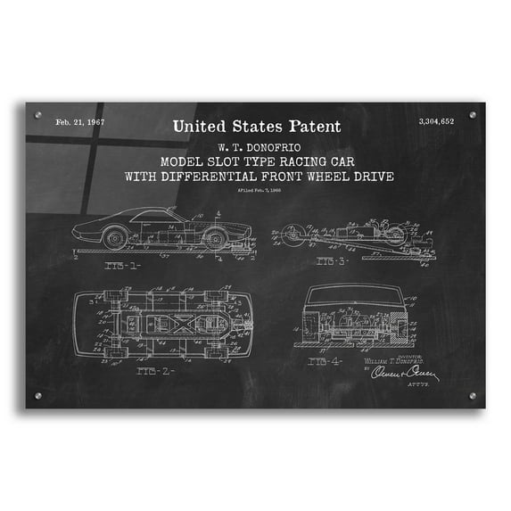 Epic Art 'Racing Car, Model Slot Type Blueprint Patent Chalkboard,' Acrylic Glass Wall Art, 36"x24"