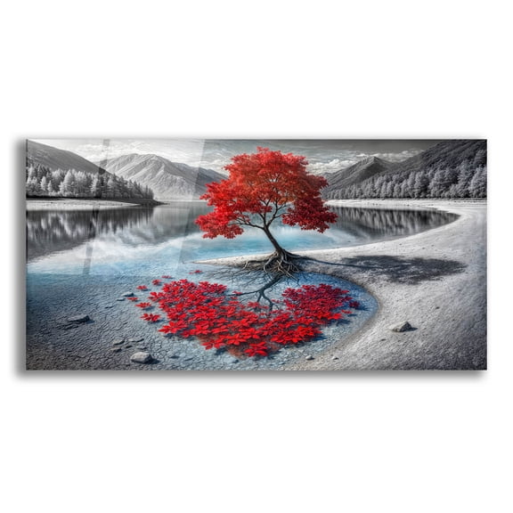 Epic Art 'Red Tree And Mountain Lake' by Rey Klimt Acrylic Glass Wall Art, 24" x 12"