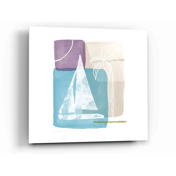 Epic Art 'Sailboat and Palm' by Linda Woods, Acrylic Glass Wall Art, 12"x12"