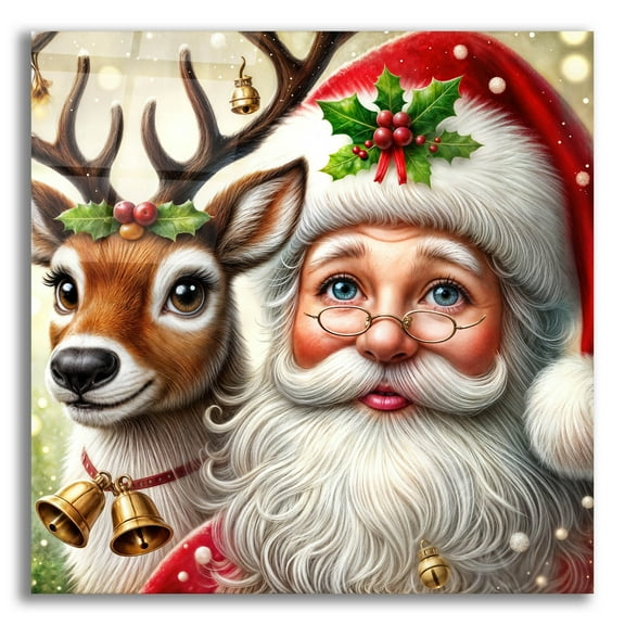 Epic Art 'Santa And Reindeer' by Rey Klimt Acrylic Glass Wall Art, 12" x 12"