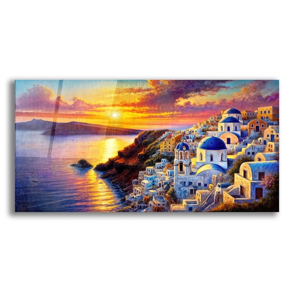 Epic Art 'Santorini Painted Sunset' by Rey Klimt Acrylic Glass Wall Art, 24" x 12"