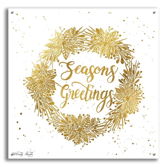 Epic Art 'Seasons Greetings Gold Wreath' by Cindy Jacobs, Acrylic Glass Wall Art, 36"x36"