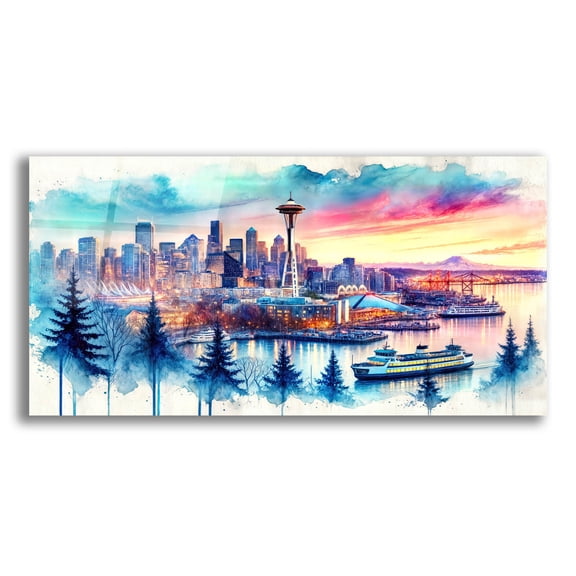 Epic Art 'Seattle Watercolor Panorama' by Rey Klimt Acrylic Glass Wall Art, 24" x 12"