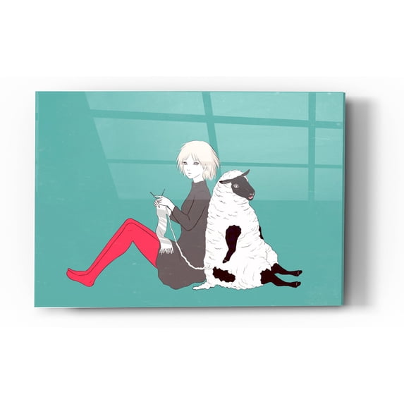 Epic Art 'Sheep and Girl' by Sai Tamiya, Acrylic Glass Wall Art, 24"x36"