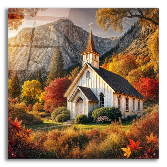 Epic Art 'Small Church In Mountains Fall Foliage' by Rey Klimt Acrylic Glass Wall Art, 36" x 36"