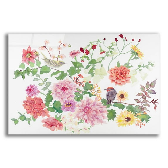 Epic Art 'Songbirds With Dhalias' by Carissa Luminess, Acrylic Glass Wall Art, 24"x16"