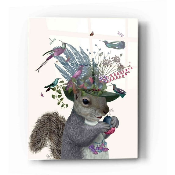 Epic Art 'Squirrel Birdkeeper and Blue Acorns' by Fab Funky Acrylic Glass Wall Art, 12"x16"