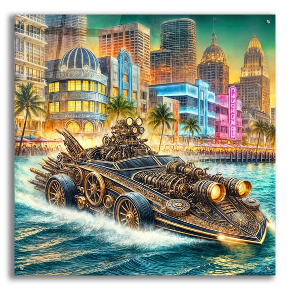 Epic Art 'Steampunk Speedboat In Miami' by Rey Klimt Acrylic Glass Wall Art, 36" x 36"