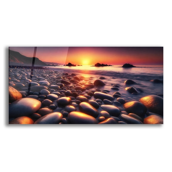 Epic Art 'Sunset On Rocks Beach' by Rey Klimt Acrylic Glass Wall Art, 24" x 12"