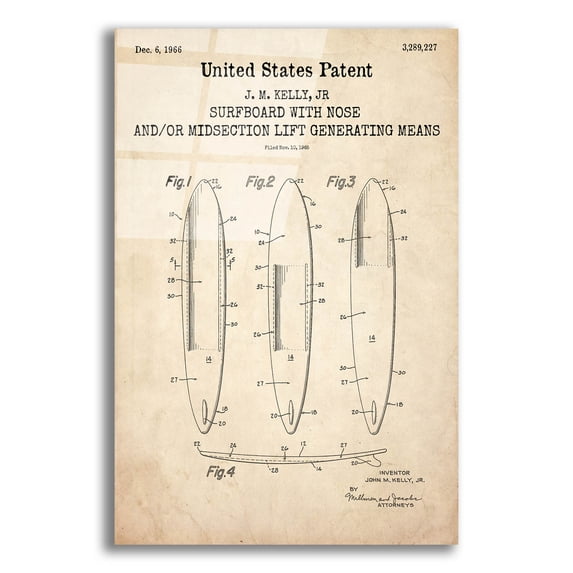 Epic Art 'Surfboard with nose Blueprint Patent Parchment,' Acrylic Glass Wall Art, 12"x16"