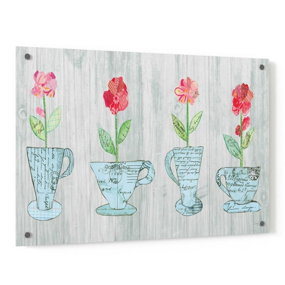 Epic Art 'Teacup Floral V Shiplap' by Courtney Prahl, Acrylic Glass Wall Art, 36"x24"