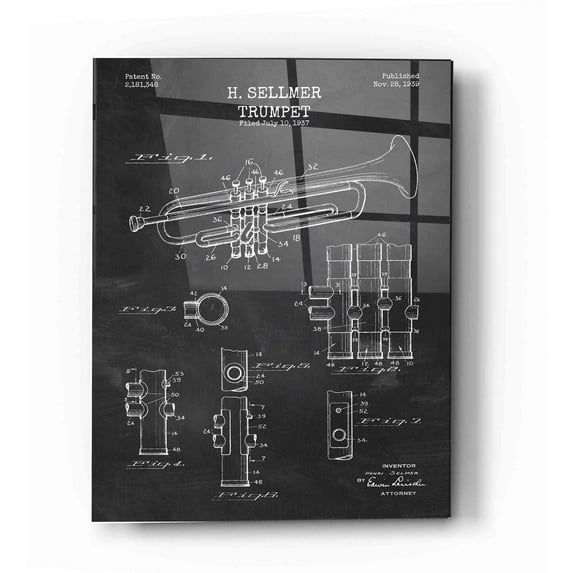 Epic Art 'Trumpet Blueprint Patent Chalkboard' Acrylic Glass Wall Art, 12"x16"