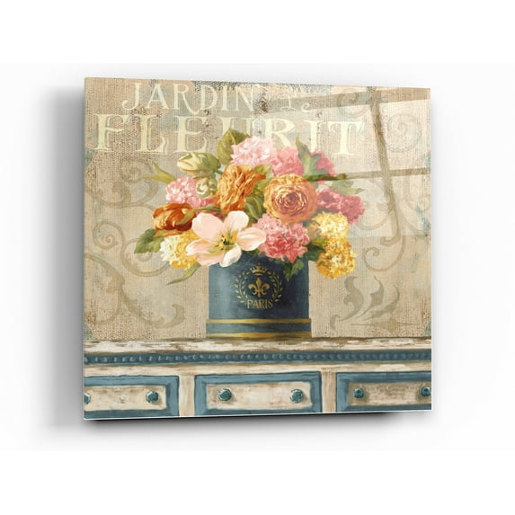 Epic Art 'Tulips in Teal and Gold Hatbox' by Danhui Nai, Acrylic Glass Wall Art, 24"x24"